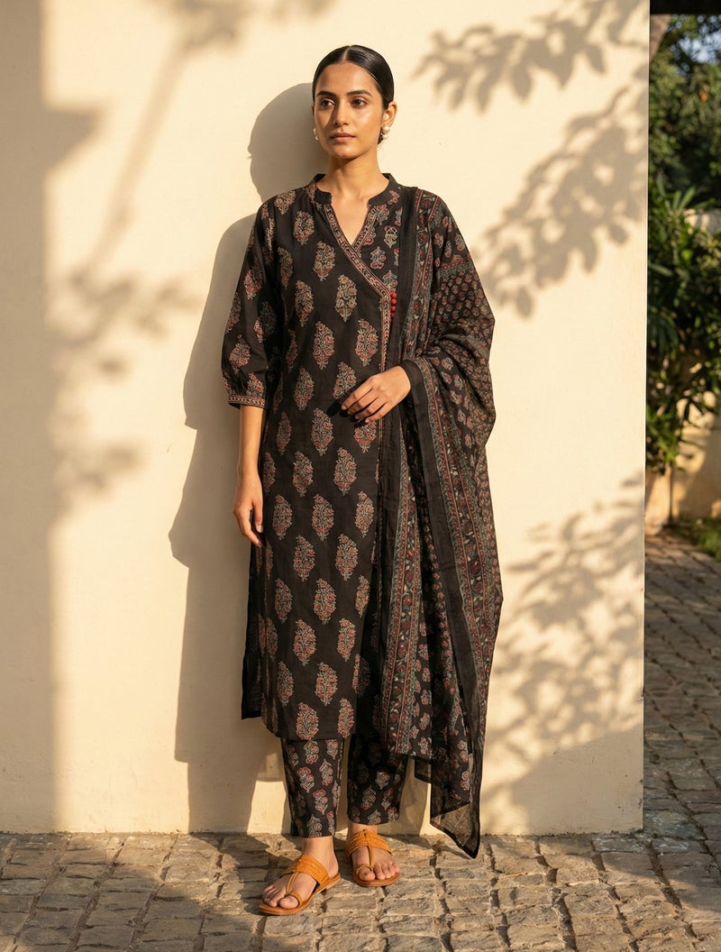 trueBrowns Black Boota Print Angrakha Kurta Pant Dupatta Set - Image 1